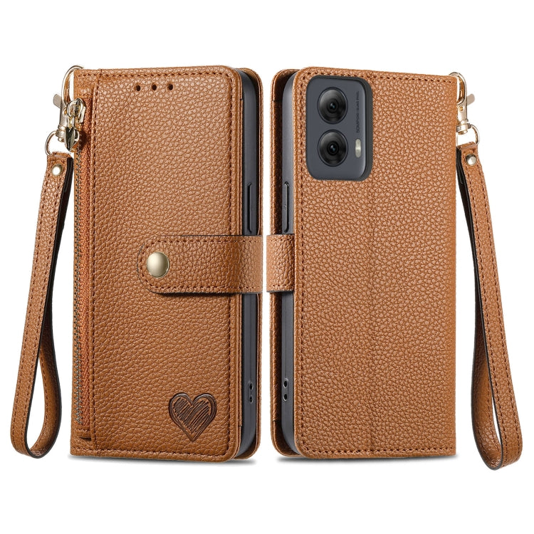 For Motorola Moto G Power 5G 2024 Love Zipper Lanyard Leather Phone Case(Brown) - Motorola Cases by buy2fix | Online Shopping UK | buy2fix