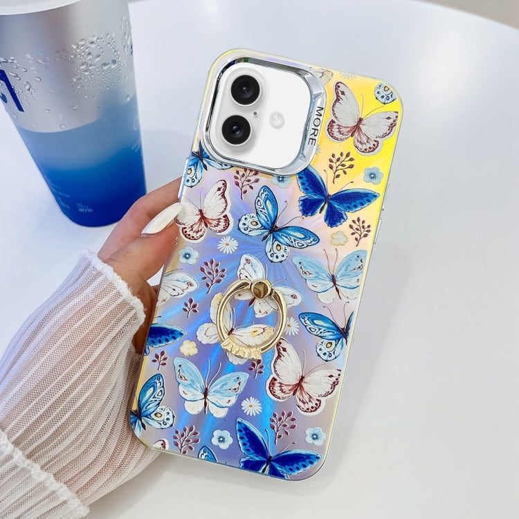 For iPhone 16 Electroplating Laser Butterfly Ring Holder Phone Case(Blue Butterflies AB4) - iPhone 16 Cases by buy2fix | Online Shopping UK | buy2fix