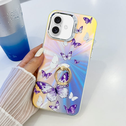 For iPhone 16 Electroplating Laser Butterfly Ring Holder Phone Case(White Purple Butterflies AB6) - iPhone 16 Cases by buy2fix | Online Shopping UK | buy2fix