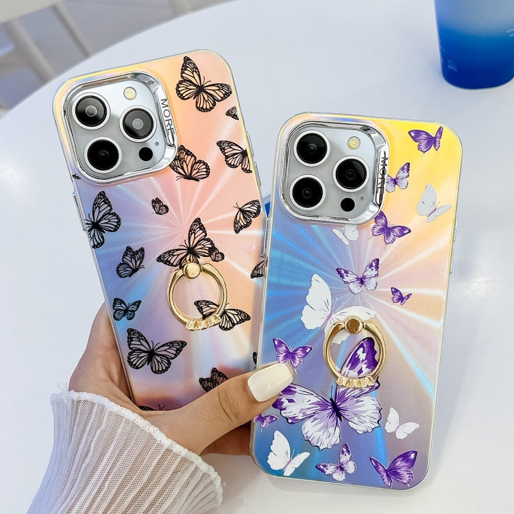 For iPhone 16 Pro Electroplating Laser Butterfly Ring Holder Phone Case(Blue Butterflies AB4) - iPhone 16 Pro Cases by buy2fix | Online Shopping UK | buy2fix