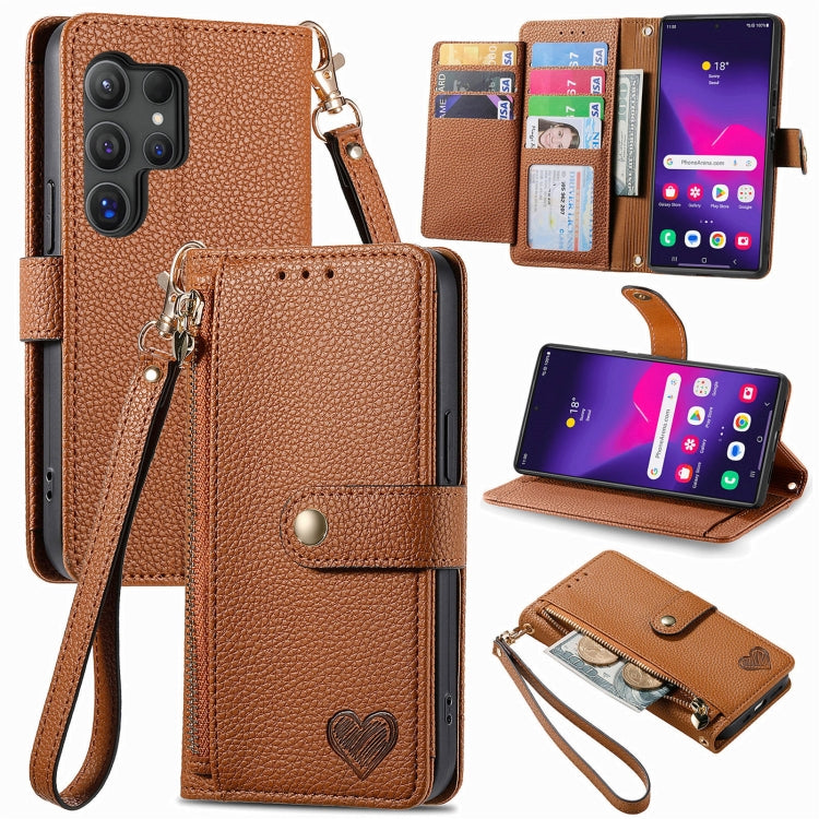 For Samsung Galaxy S25 Ultra 5G Love Zipper Lanyard Leather Phone Case(Brown) - Galaxy S25 Ultra 5G Cases by buy2fix | Online Shopping UK | buy2fix