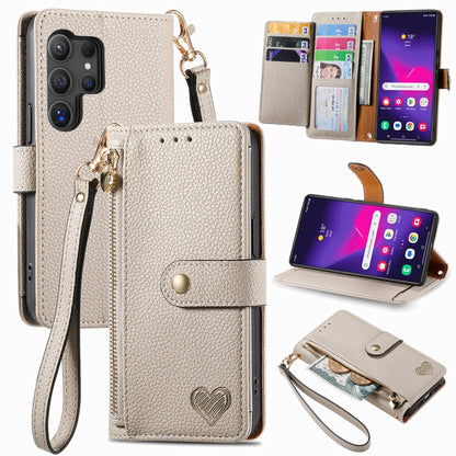 For Samsung Galaxy S25 Ultra 5G Love Zipper Lanyard Leather Phone Case(Gray) - Galaxy S25 Ultra 5G Cases by buy2fix | Online Shopping UK | buy2fix