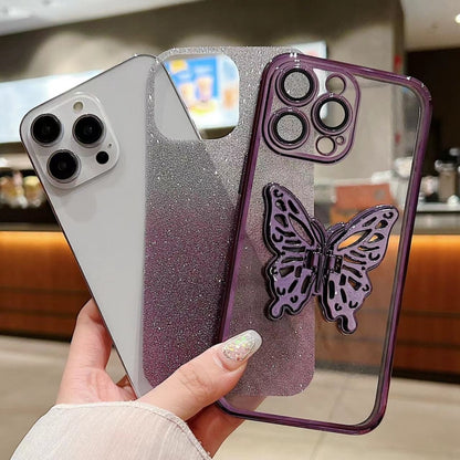 For iPhone 16 Electroplated Gradient Glitter 3D Butterfly TPU Phone Case(Gradient Pink) - iPhone 16 Cases by buy2fix | Online Shopping UK | buy2fix