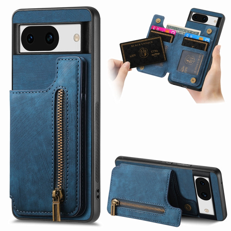 For Google Pixel 9 / 9 Pro Retro Leather Zipper Wallet Back Phone Case(Blue) - Google Cases by buy2fix | Online Shopping UK | buy2fix