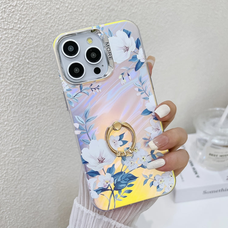 For iPhone 16 Pro Max Electroplating Laser Flower Ring Holder TPU Phone Case(White Flower AH10) - iPhone 16 Pro Max Cases by buy2fix | Online Shopping UK | buy2fix