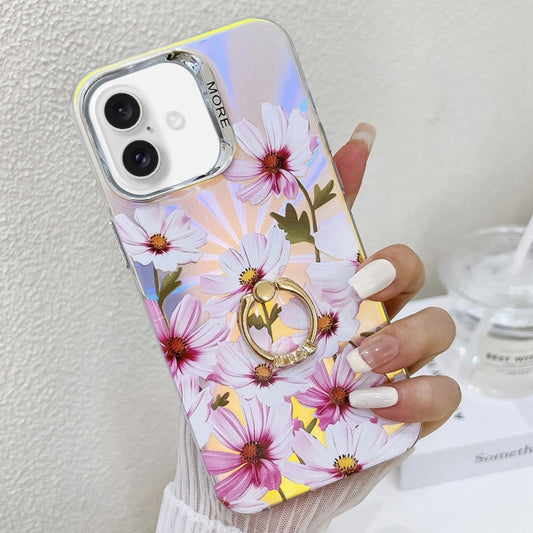 For iPhone 16 Electroplating Laser Flower Ring Holder TPU Phone Case(Cosmos Flower AH7) - iPhone 16 Cases by buy2fix | Online Shopping UK | buy2fix