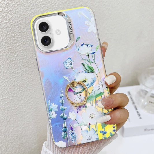 For iPhone 16 Electroplating Laser Flower Ring Holder TPU Phone Case(Blue Flower AH8) - iPhone 16 Cases by buy2fix | Online Shopping UK | buy2fix