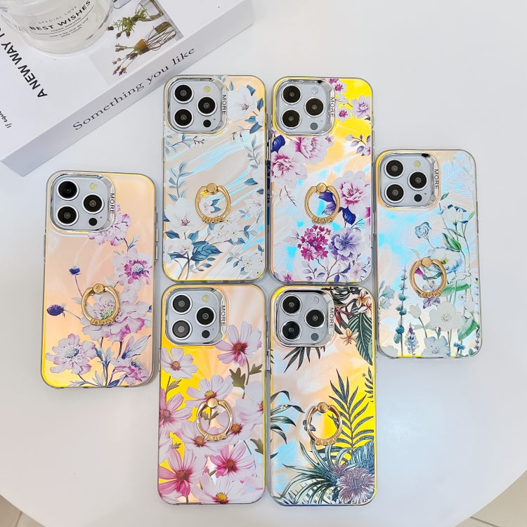 For iPhone 16 Pro Max Electroplating Laser Flower Ring Holder TPU Phone Case(Pink Flower AH13) - iPhone 16 Pro Max Cases by buy2fix | Online Shopping UK | buy2fix