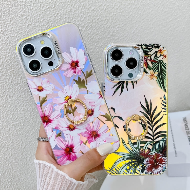 For iPhone 16 Plus Electroplating Laser Flower Ring Holder TPU Phone Case(Cosmos Flower AH7) - iPhone 16 Plus Cases by buy2fix | Online Shopping UK | buy2fix