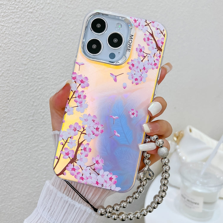 For iPhone 16 Pro Electroplating Laser Flower Phone Case with Wrist Strap(Peach Blossom AH4) - iPhone 16 Pro Cases by buy2fix | Online Shopping UK | buy2fix