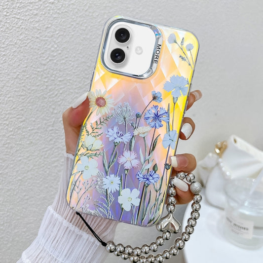 For iPhone 16 Electroplating Laser Flower Phone Case with Wrist Strap(Chrysanthemum AH5) - iPhone 16 Cases by buy2fix | Online Shopping UK | buy2fix