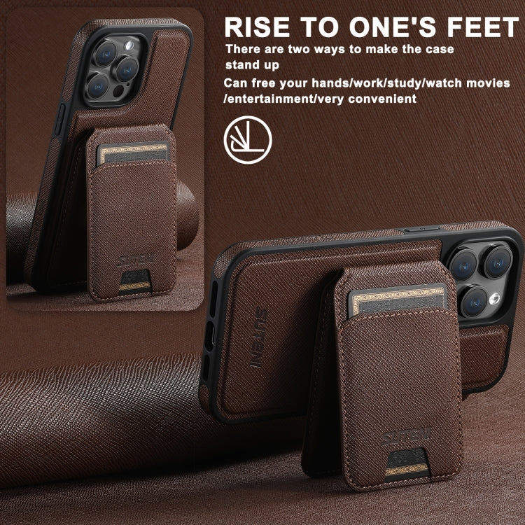 For iPhone 12 Pro Max Suteni M2 Cross-Grain MagSafe Vertical Card Back Phone Case(Brown) - iPhone 12 Pro Max Cases by Suteni | Online Shopping UK | buy2fix