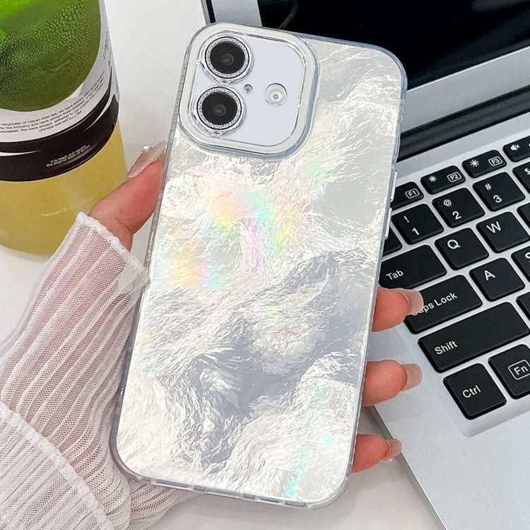 For iPhone 16 Plating Glitter Texture TPU Phone Case with Lens Film(White  Tinfoil Texture) - iPhone 16 Cases by buy2fix | Online Shopping UK | buy2fix