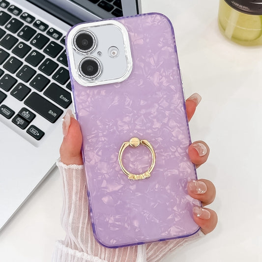 For iPhone 16 Plus Plating Glitter Texture Ring Holder TPU Phone Case with Lens Film(Purple Shell Pattern) - iPhone 16 Plus Cases by buy2fix | Online Shopping UK | buy2fix