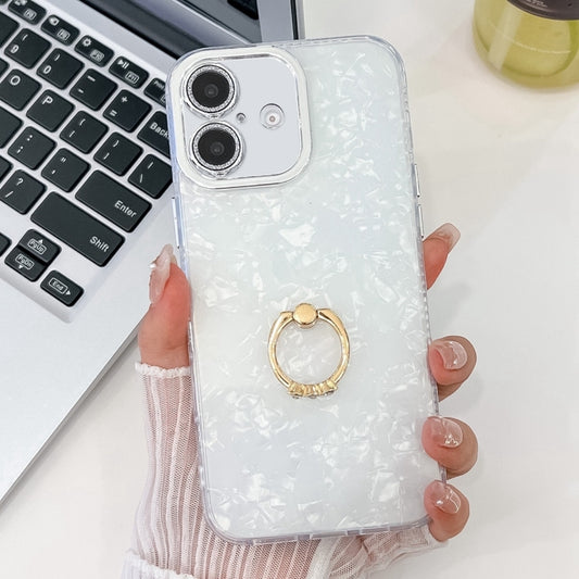 For iPhone 16 Plating Glitter Texture Ring Holder TPU Phone Case with Lens Film(White Shell Grain) - iPhone 16 Cases by buy2fix | Online Shopping UK | buy2fix