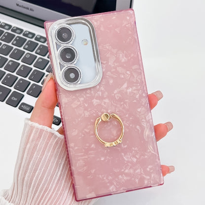 For Samsung Galaxy S25 5G Plating Glitter Texture Ring Holder TPU Phone Case with Lens Film(Pink Shell Pattern) - Galaxy S25 5G Cases by buy2fix | Online Shopping UK | buy2fix