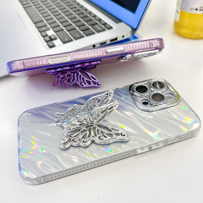 For iPhone 16 Plus Plating Glitter Texture Butterfly Holder TPU Phone Case with Lens Film(Purple Water Ripples) - iPhone 16 Plus Cases by buy2fix | Online Shopping UK | buy2fix