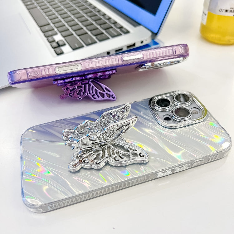 For iPhone 16 Pro Max Plating Glitter Texture Butterfly Holder TPU Phone Case with Lens Film(Pink Feather Yarn) - iPhone 16 Pro Max Cases by buy2fix | Online Shopping UK | buy2fix