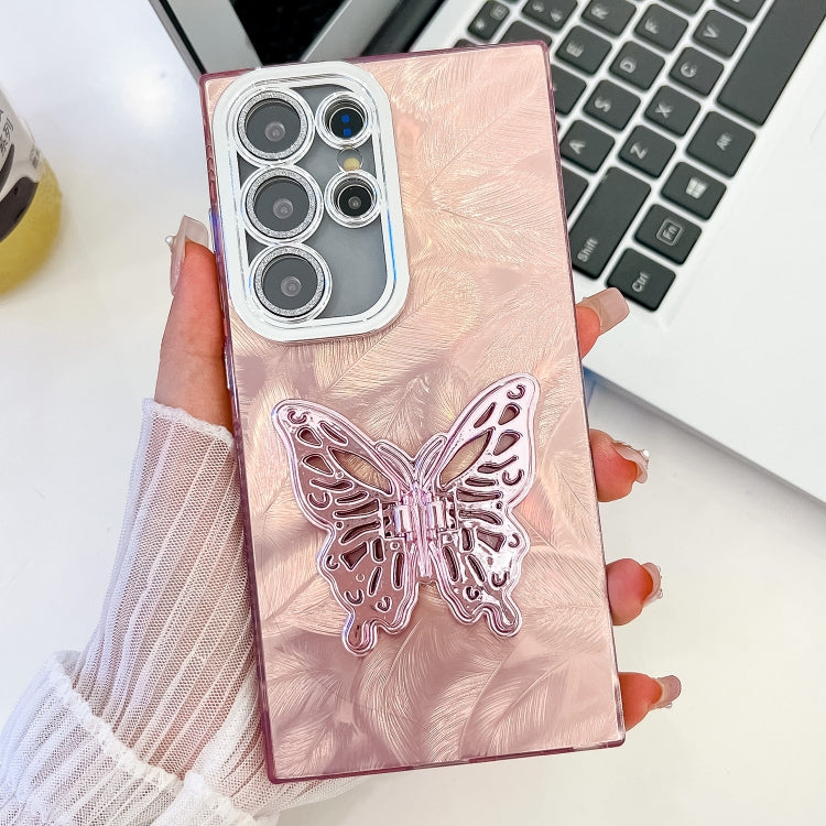 For Samsung Galaxy S25 Ultra 5G Plating Glitter Texture Butterfly Holder TPU Phone Case with Lens Film(Pink Feathers) - Galaxy S25 Ultra 5G Cases by buy2fix | Online Shopping UK | buy2fix