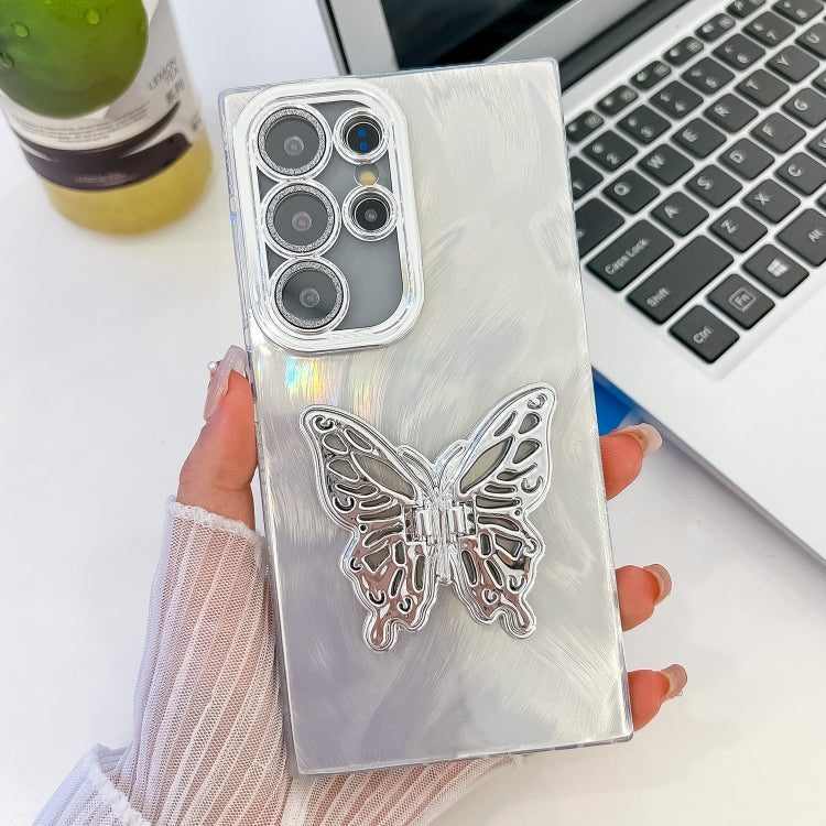 For Samsung Galaxy S25 Ultra 5G Plating Glitter Texture Butterfly Holder TPU Phone Case with Lens Film(White Feather Yarn) - Galaxy S25 Ultra 5G Cases by buy2fix | Online Shopping UK | buy2fix