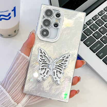 For Samsung Galaxy S25 Ultra 5G Plating Glitter Texture Butterfly Holder TPU Phone Case with Lens Film(White Tinfoil Texture) - Galaxy S25 Ultra 5G Cases by buy2fix | Online Shopping UK | buy2fix