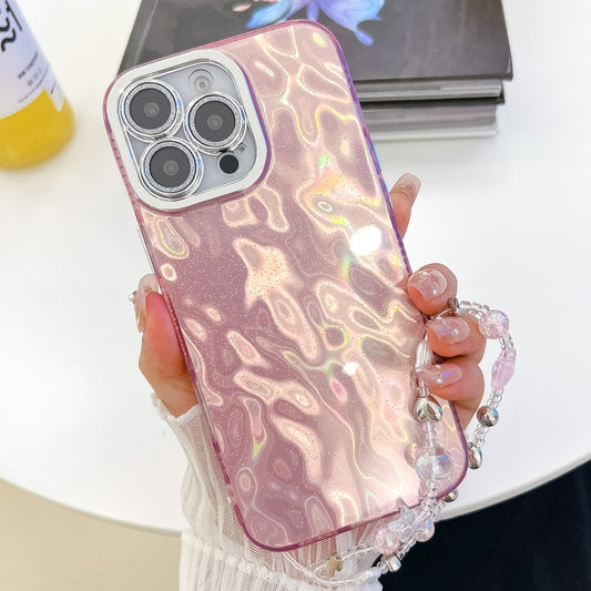 For iPhone 16 Pro Max Plating Glitter Texture Chain Wristband TPU Phone Case with Lens Film(Pink Wrinkles) - iPhone 16 Pro Max Cases by buy2fix | Online Shopping UK | buy2fix