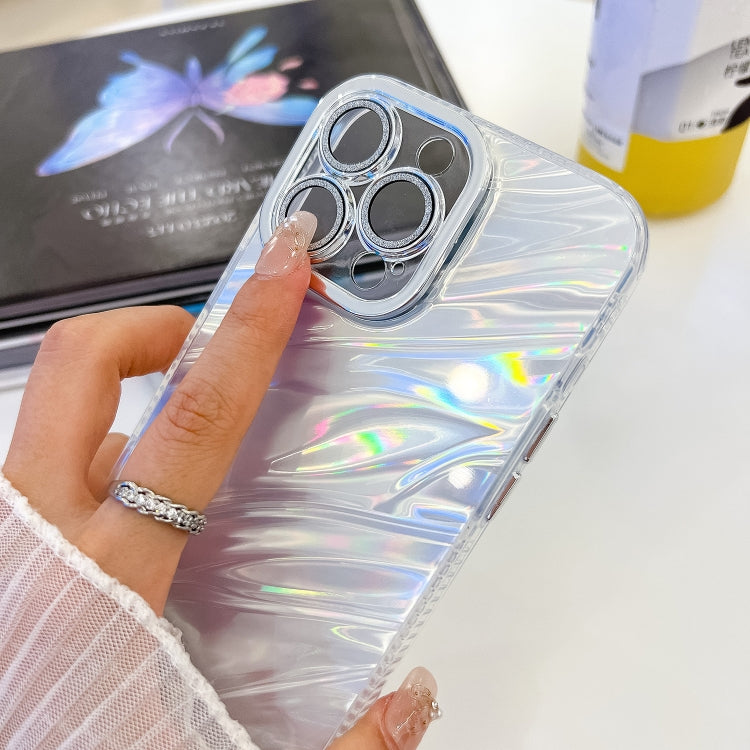 For iPhone 16 Plus Plating Glitter Texture Chain Wristband TPU Phone Case with Lens Film(White Feathers) - iPhone 16 Plus Cases by buy2fix | Online Shopping UK | buy2fix