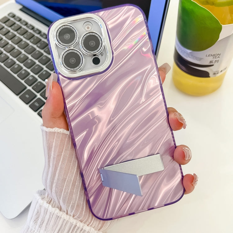 For iPhone 16 Plus Plating Glitter Texture Fold Holder TPU Phone Case with Lens Film(Purple Feather Yarn) - iPhone 16 Plus Cases by buy2fix | Online Shopping UK | buy2fix