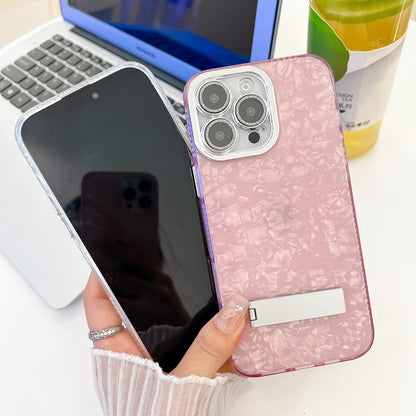 For iPhone 16 Plus Plating Glitter Texture Fold Holder TPU Phone Case with Lens Film(White Water Ripples) - iPhone 16 Plus Cases by buy2fix | Online Shopping UK | buy2fix