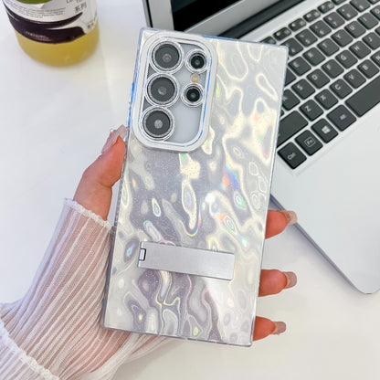 For Samsung Galaxy S25 Ultra 5G Plating Glitter Texture Fold Holder TPU Phone Case with Lens Film(White Wrinkles) - Galaxy S25 Ultra 5G Cases by buy2fix | Online Shopping UK | buy2fix