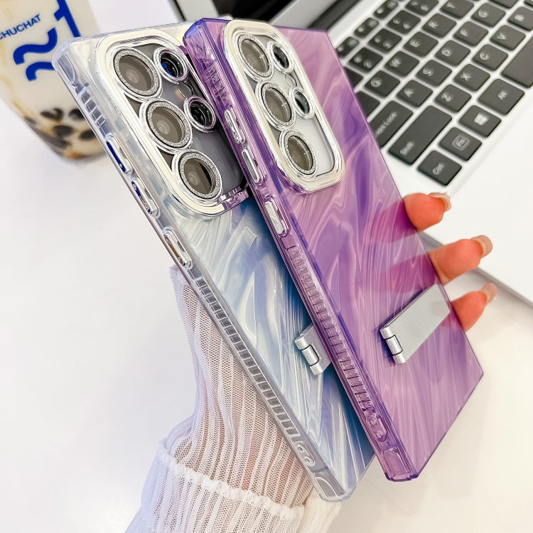 For Samsung Galaxy S25 5G Plating Glitter Texture Fold Holder TPU Phone Case with Lens Film(Purple Water Ripples) - Galaxy S25 5G Cases by buy2fix | Online Shopping UK | buy2fix