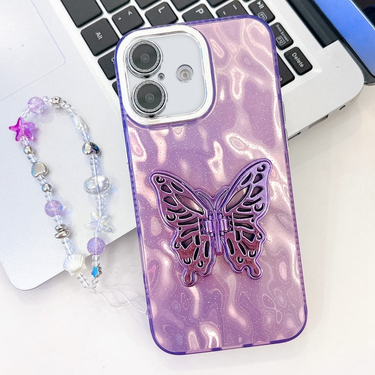 For iPhone 16 Plus Plating Glitter Lens Film Texture Butterfly Holder Wristband Phone Case(Purple Wrinkles) - iPhone 16 Plus Cases by buy2fix | Online Shopping UK | buy2fix