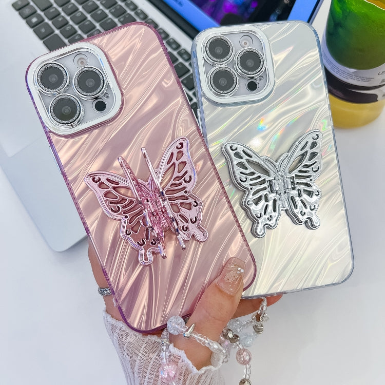 For iPhone 16 Pro Max Plating Glitter Lens Film Texture Butterfly Holder Wristband Phone Case(Purple Feathers) - iPhone 16 Pro Max Cases by buy2fix | Online Shopping UK | buy2fix