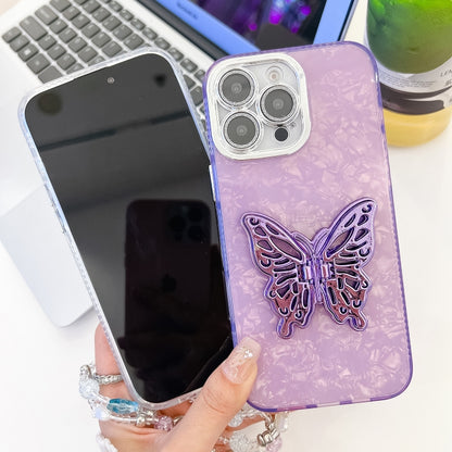 For iPhone 16 Plus Plating Glitter Lens Film Texture Butterfly Holder Wristband Phone Case(Purple Wrinkles) - iPhone 16 Plus Cases by buy2fix | Online Shopping UK | buy2fix