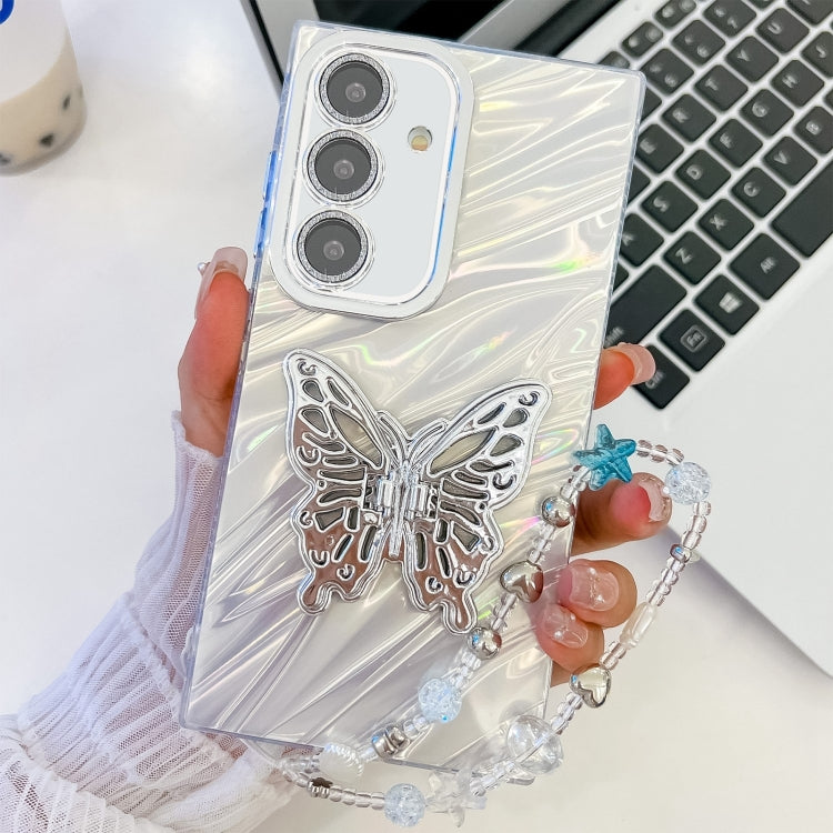 For Samsung Galaxy S25 5G Plating Glitter Lens Film Texture Butterfly Holder Wristband Phone Case(White Water Ripples) - Galaxy S25 5G Cases by buy2fix | Online Shopping UK | buy2fix