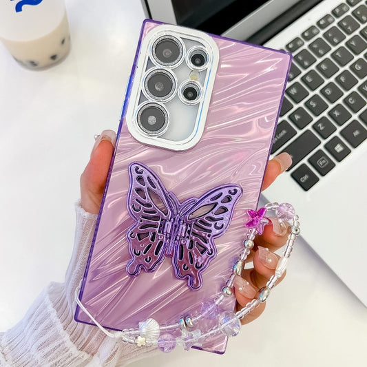 For Samsung Galaxy S25 Ultra 5G Plating Glitter Lens Film Texture Butterfly Holder Wristband Phone Case(Purple Water Ripples) - Galaxy S25 Ultra 5G Cases by buy2fix | Online Shopping UK | buy2fix