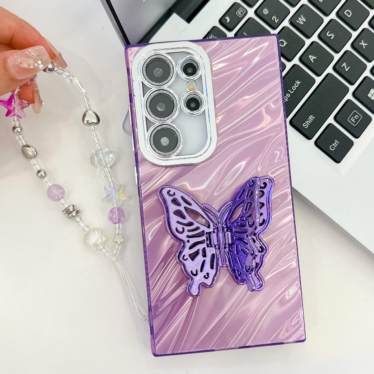 For Samsung Galaxy S25 5G Plating Glitter Lens Film Texture Butterfly Holder Wristband Phone Case(Purple Wrinkles) - Galaxy S25 5G Cases by buy2fix | Online Shopping UK | buy2fix