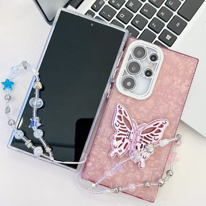 For Samsung Galaxy S25 5G Plating Glitter Lens Film Texture Butterfly Holder Wristband Phone Case(Pink Wrinkles) - Galaxy S25 5G Cases by buy2fix | Online Shopping UK | buy2fix