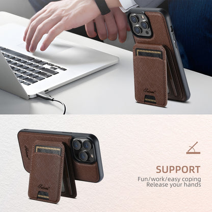 For iPhone 15 Plus Suteni H18 Cross Grain MagSafe Wallet Leather Phone Case(Brown) - iPhone 15 Plus Cases by Suteni | Online Shopping UK | buy2fix