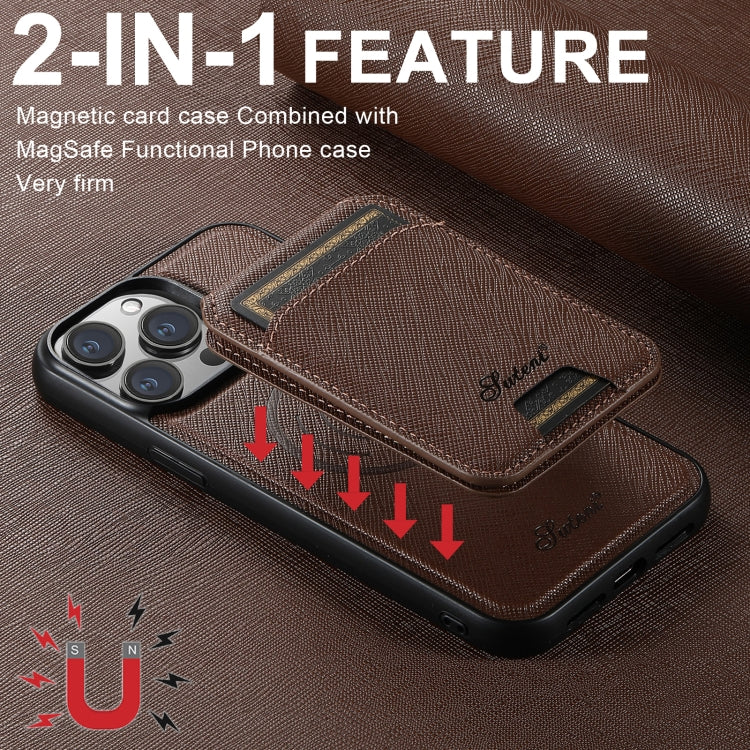 For iPhone 14 Pro Max Suteni H18 Cross Grain MagSafe Wallet Leather Phone Case(Brown) - iPhone 14 Pro Max Cases by Suteni | Online Shopping UK | buy2fix