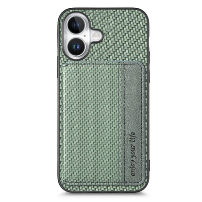 For iPhone 16 Carbon Fiber Magnetic Card Wallet RFID Blocking Phone Case(Green) - iPhone 16 Cases by buy2fix | Online Shopping UK | buy2fix