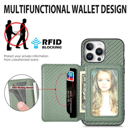 For iPhone 16 Carbon Fiber Magnetic Card Wallet RFID Blocking Phone Case(Khaki) - iPhone 16 Cases by buy2fix | Online Shopping UK | buy2fix