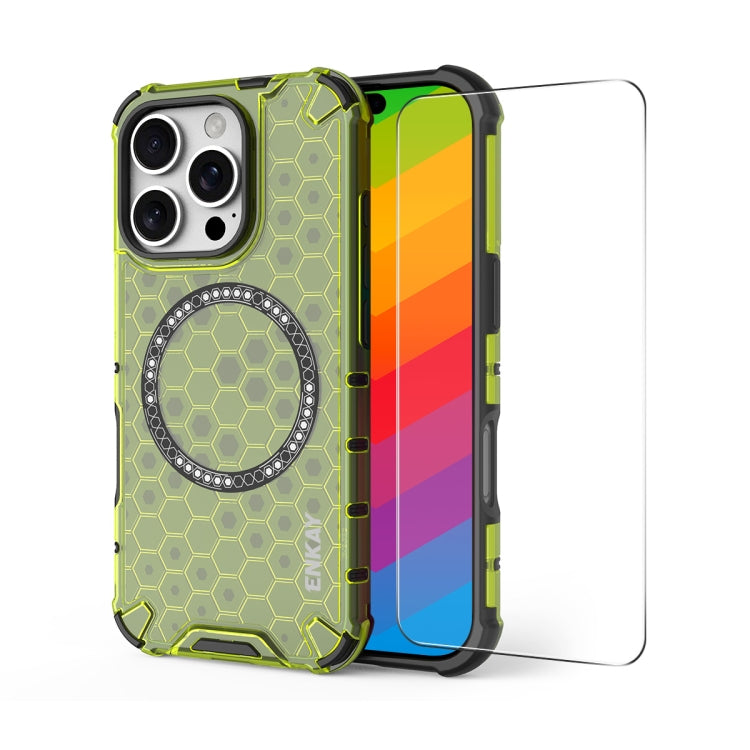 For iPhone 15 Pro Max ENKAY Hat-Prince Honeycomb MagSafe Shockproof Phone Case with Large Arc Edge Film(Green) - iPhone 15 Pro Max Cases by ENKAY | Online Shopping UK | buy2fix