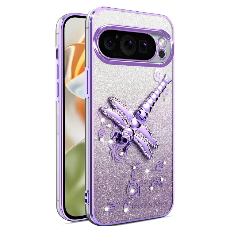 For Google Pixel 9 Pro XL Gradient Glitter Immortal 3D Dragonfly Holder Plated Phone Case(Purple) - Google Cases by buy2fix | Online Shopping UK | buy2fix