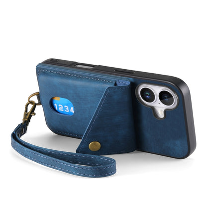 For iPhone 16 Plus Retro Card Wallet Fold Leather Phone Case with Strap(Blue) - iPhone 16 Plus Cases by buy2fix | Online Shopping UK | buy2fix