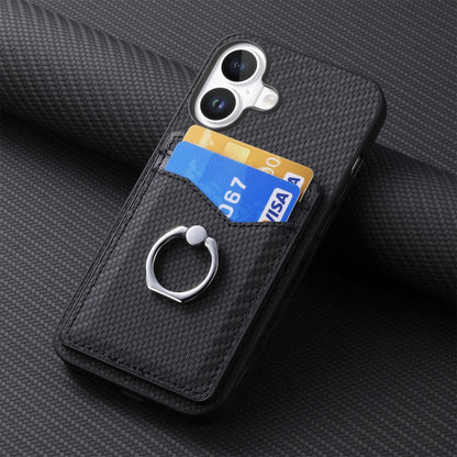 For iPhone 16 Carbon Fiber Card Wallet Ring Phone Case(Black) - iPhone 16 Cases by buy2fix | Online Shopping UK | buy2fix