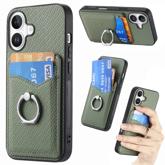 For iPhone 16 Plus Carbon Fiber Card Wallet Ring Phone Case(Green) - iPhone 16 Plus Cases by buy2fix | Online Shopping UK | buy2fix