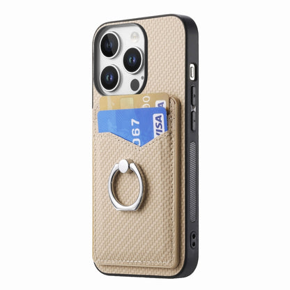 For iPhone 16 Pro Max Carbon Fiber Card Wallet Ring Phone Case(Khaki) - iPhone 16 Pro Max Cases by buy2fix | Online Shopping UK | buy2fix