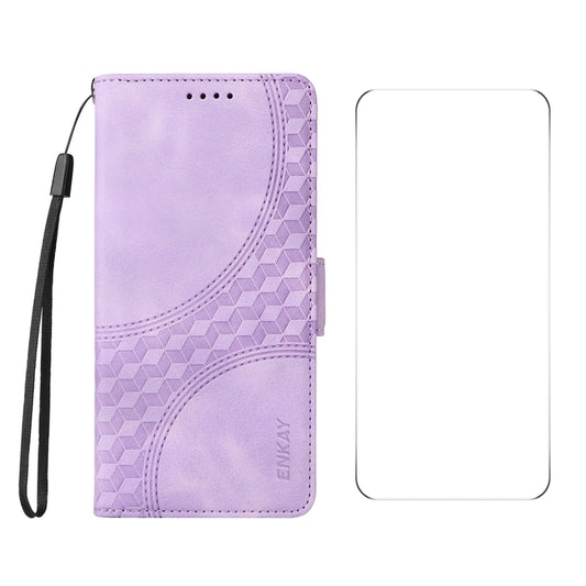 For OPPO Reno12 F 4G Global ENKAY Embossed Rhombus Starry Leather Phone Case with Screen Film(Purple) - Reno12 F Cases by ENKAY | Online Shopping UK | buy2fix