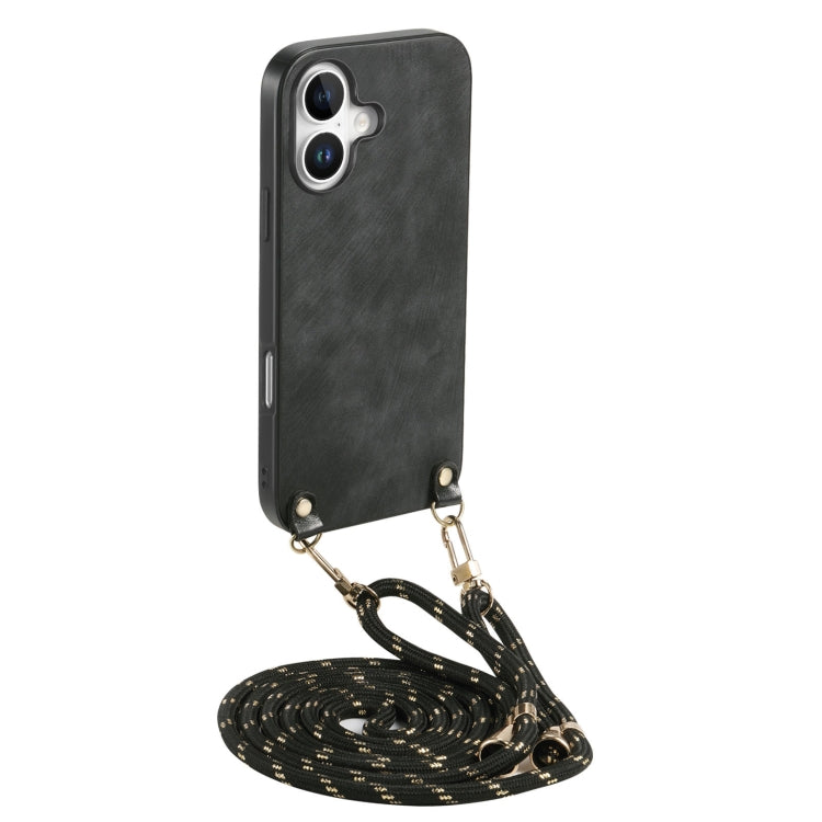 For iPhone 16 Vintage Leather PC Back Cover Phone Case with Crossbody Strap(Black) - iPhone 16 Cases by buy2fix | Online Shopping UK | buy2fix